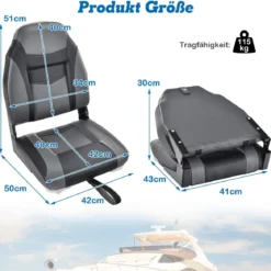 Hochlehner Bootssitz mit 10 cm Dicker Schwammpolsterung Klappbarer Bootsstuhl Schwarz
