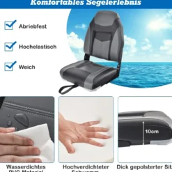 Hochlehner Bootssitz mit 10 cm Dicker Schwammpolsterung Klappbarer Bootsstuhl Schwarz