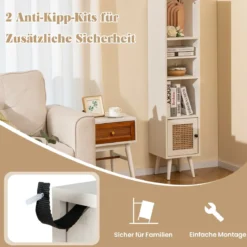 Hochschrank aus natürlichem Rattan freistehendes schmales Ablageregal mit Rattantür Weiß