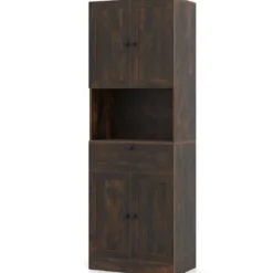 Hochschrank mit 4 Türen & 1 Schublade & Offenes Fach & 3-Fach Verstellbares Regal Dunkelbraun