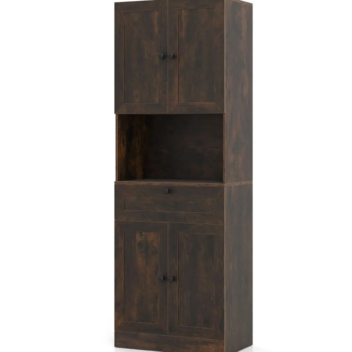 Hochschrank mit 4 Türen & 1 Schublade & Offenes Fach & 3-Fach Verstellbares Regal Dunkelbraun