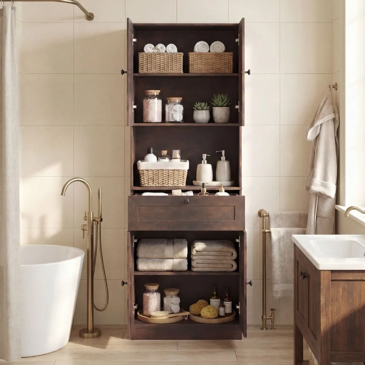 Hochschrank mit 4 Türen & 1 Schublade & Offenes Fach & 3-Fach Verstellbares Regal Dunkelbraun