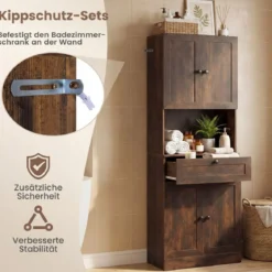 Hochschrank mit 4 Türen & 1 Schublade & Offenes Fach & 3-Fach Verstellbares Regal Dunkelbraun