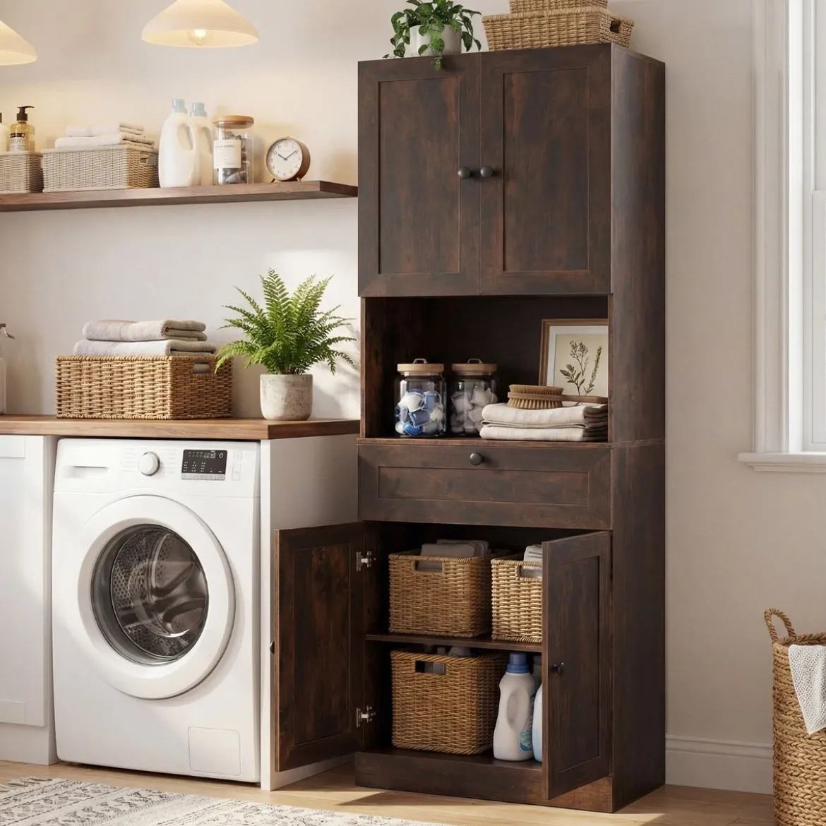 Hochschrank mit 4 Türen & 1 Schublade & Offenes Fach & 3-Fach Verstellbares Regal Dunkelbraun