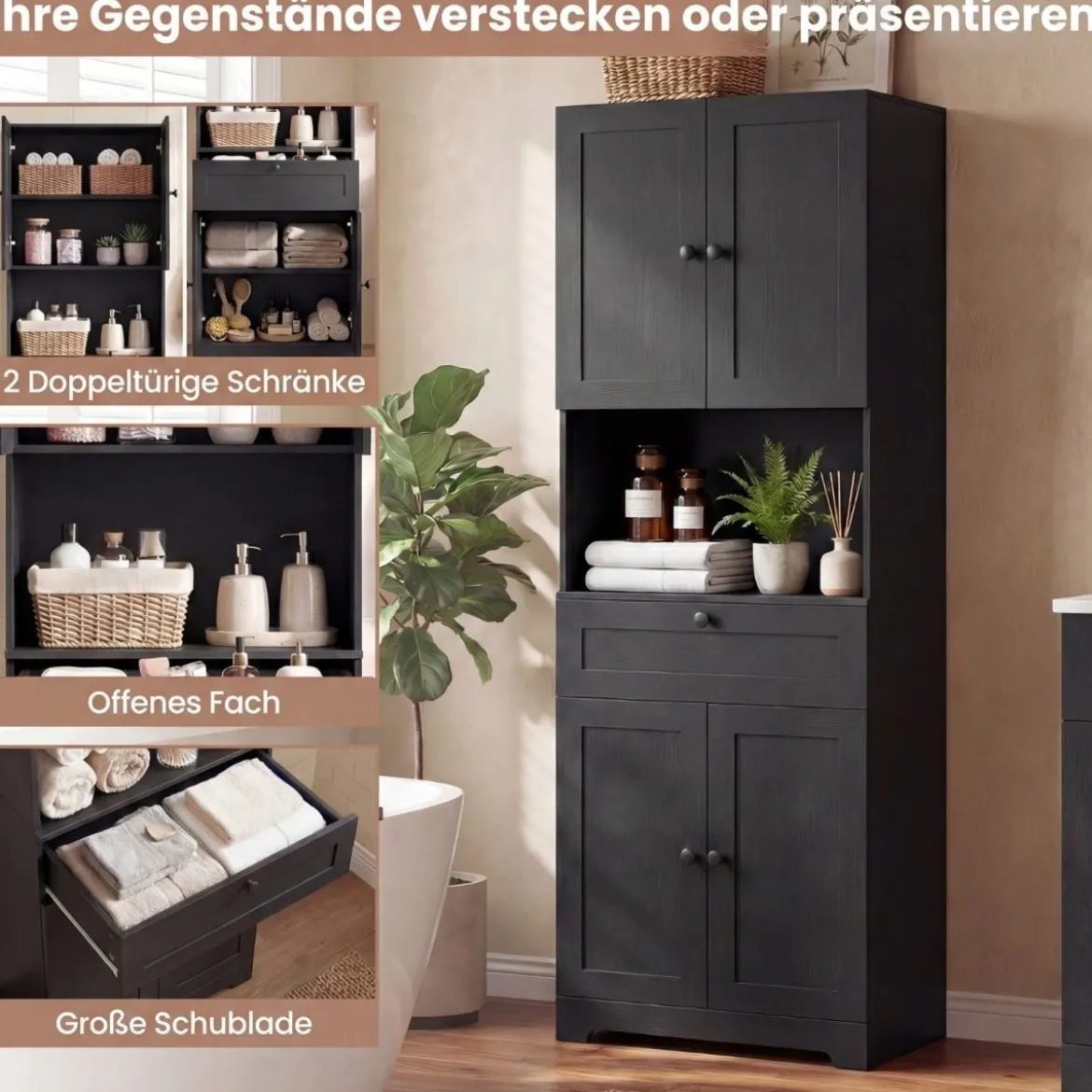 Hochschrank mit 4 Türen & 1 Schublade & Offenes Fach & 3-Fach Verstellbares Regal Schwarz