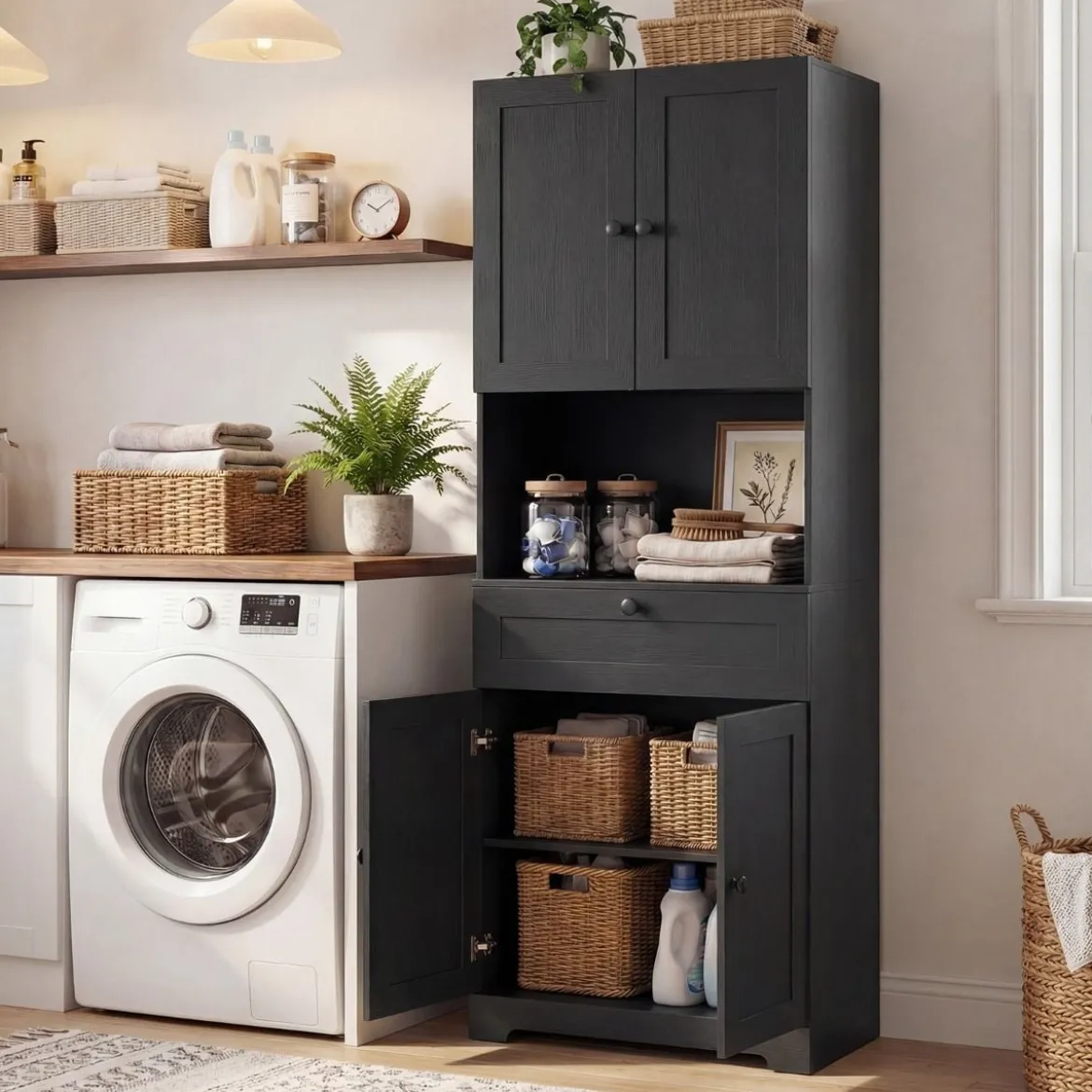 Hochschrank mit 4 Türen & 1 Schublade & Offenes Fach & 3-Fach Verstellbares Regal Schwarz