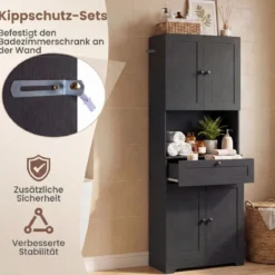 Hochschrank mit 4 Türen & 1 Schublade & Offenes Fach & 3-Fach Verstellbares Regal Schwarz
