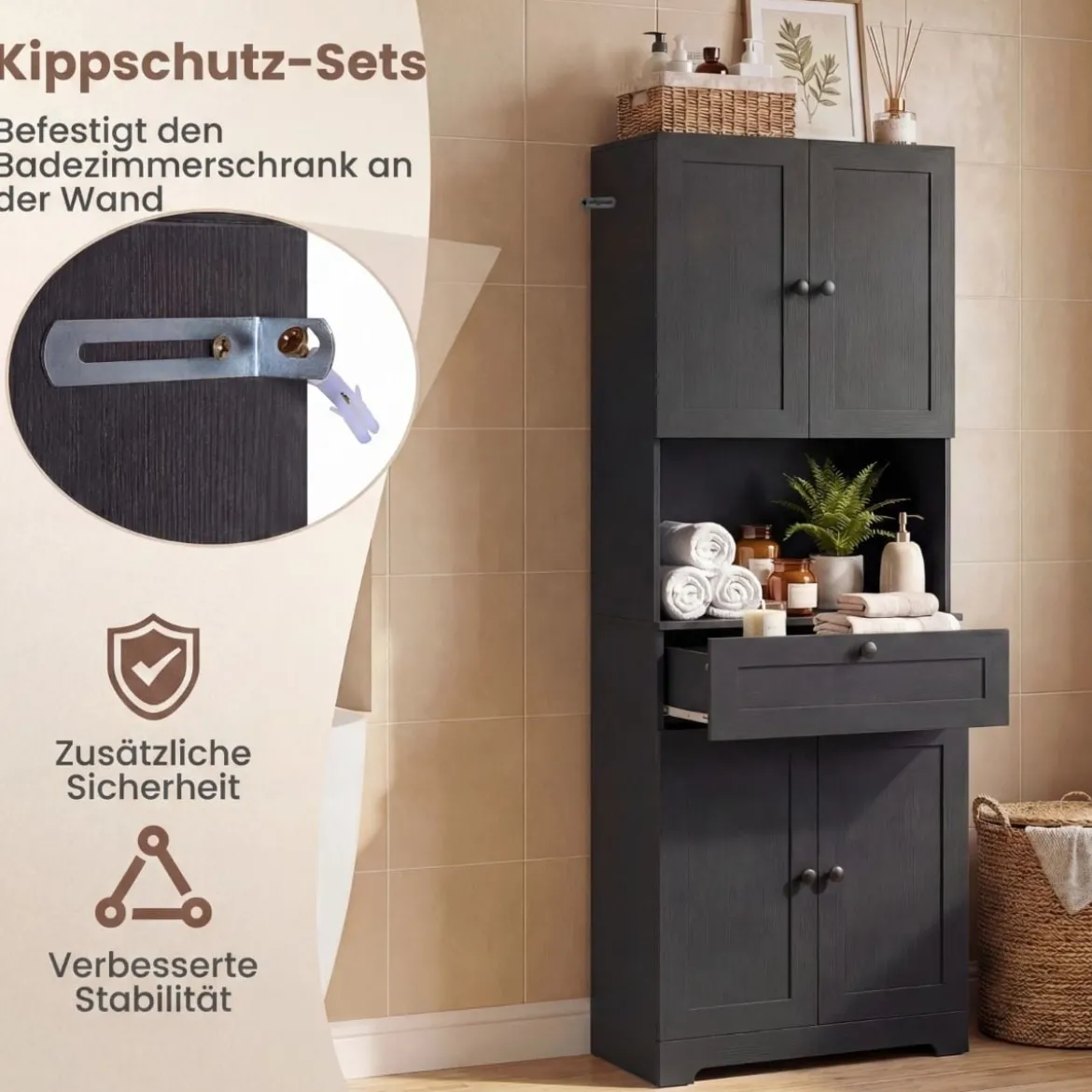 Hochschrank mit 4 Türen & 1 Schublade & Offenes Fach & 3-Fach Verstellbares Regal Schwarz