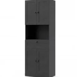 Hochschrank mit 4 Türen & 1 Schublade & Offenes Fach & 3-Fach Verstellbares Regal Schwarz