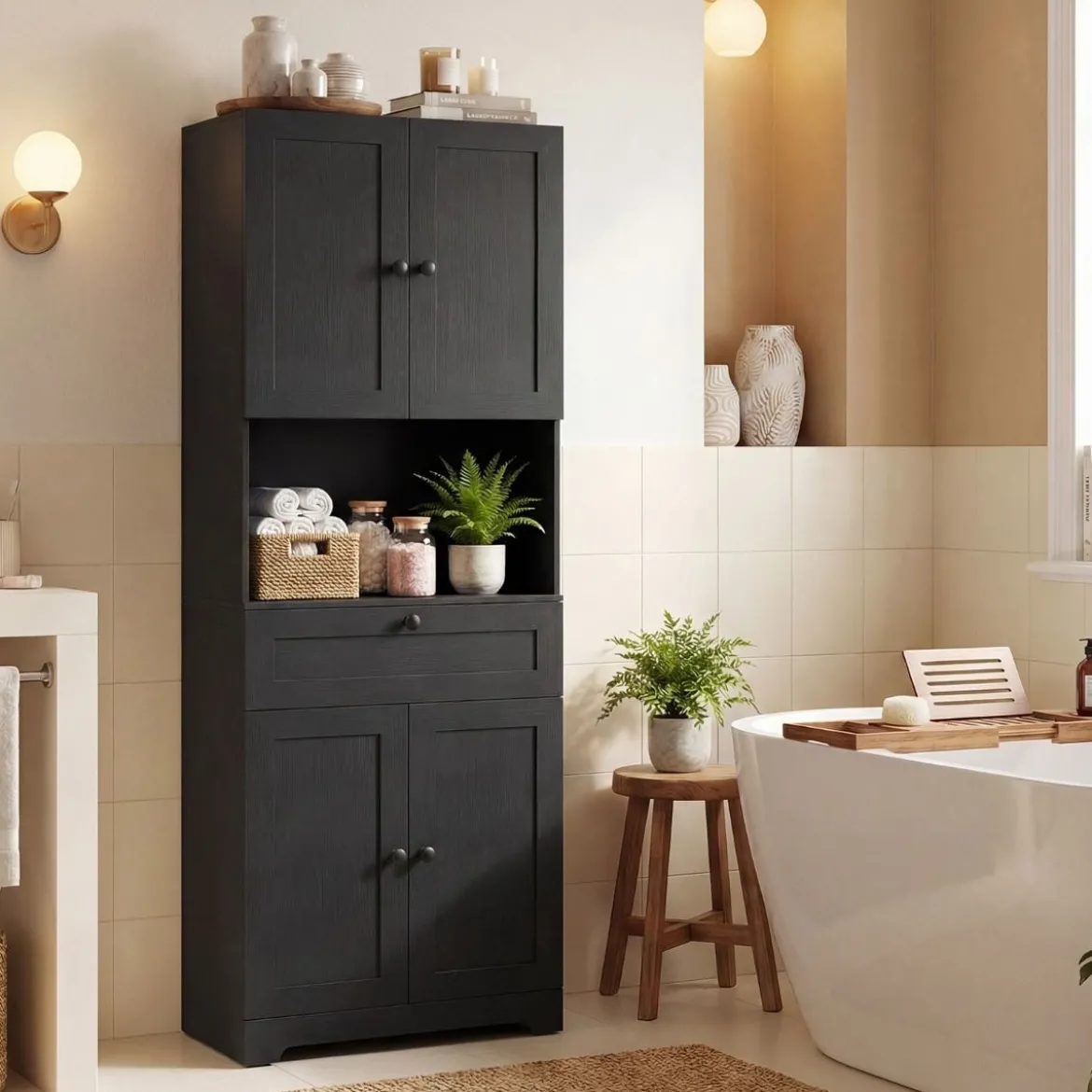 Hochschrank mit 4 Türen & 1 Schublade & Offenes Fach & 3-Fach Verstellbares Regal Schwarz