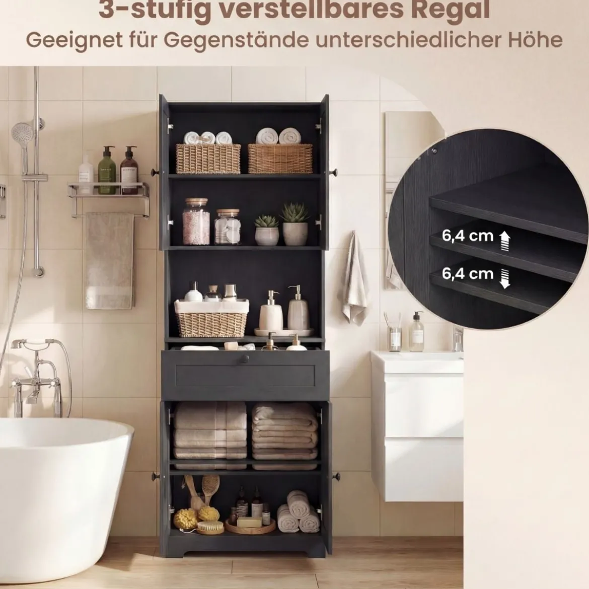 Hochschrank mit 4 Türen & 1 Schublade & Offenes Fach & 3-Fach Verstellbares Regal Schwarz