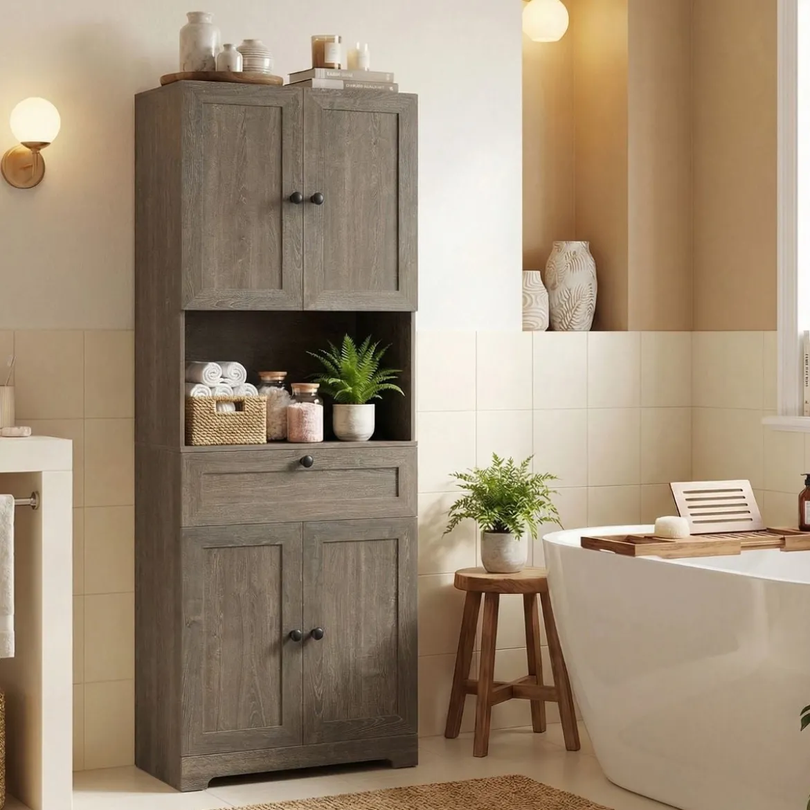 Hochschrank mit 4 Türen & 1 Schublade & Offenes Fach & 3-Fach Verstellbares Regal Grau