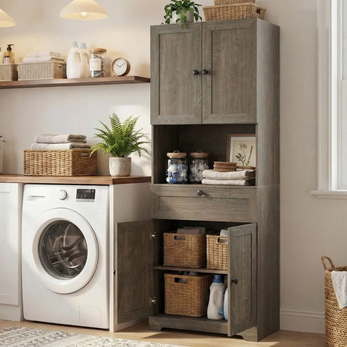 Hochschrank mit 4 Türen & 1 Schublade & Offenes Fach & 3-Fach Verstellbares Regal Grau