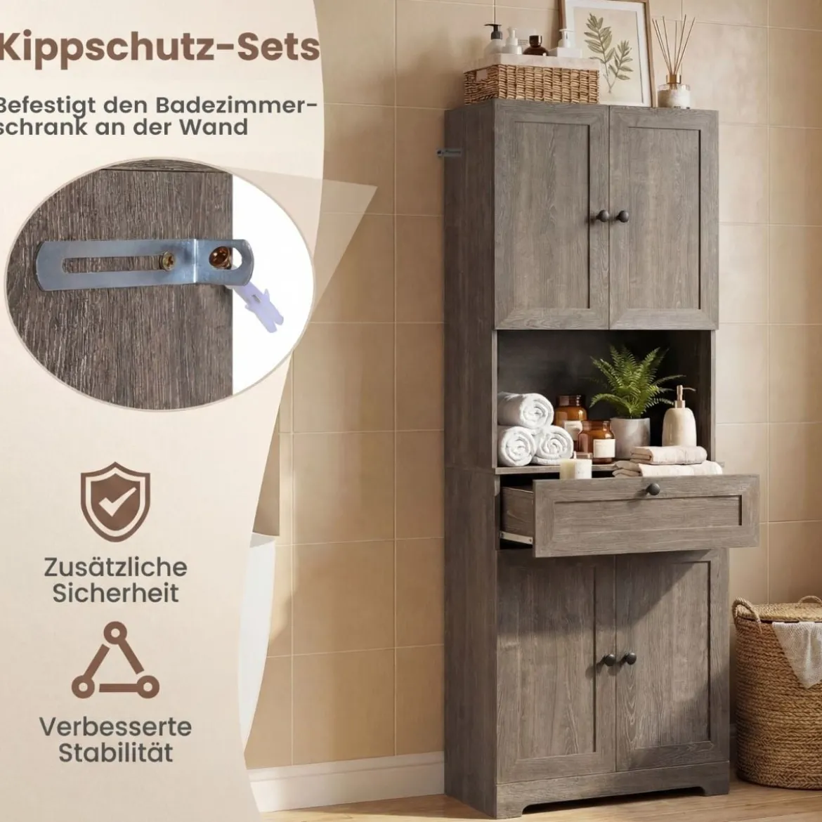 Hochschrank mit 4 Türen & 1 Schublade & Offenes Fach & 3-Fach Verstellbares Regal Grau