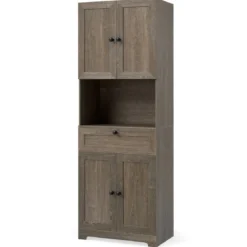 Hochschrank mit 4 Türen & 1 Schublade & Offenes Fach & 3-Fach Verstellbares Regal Grau