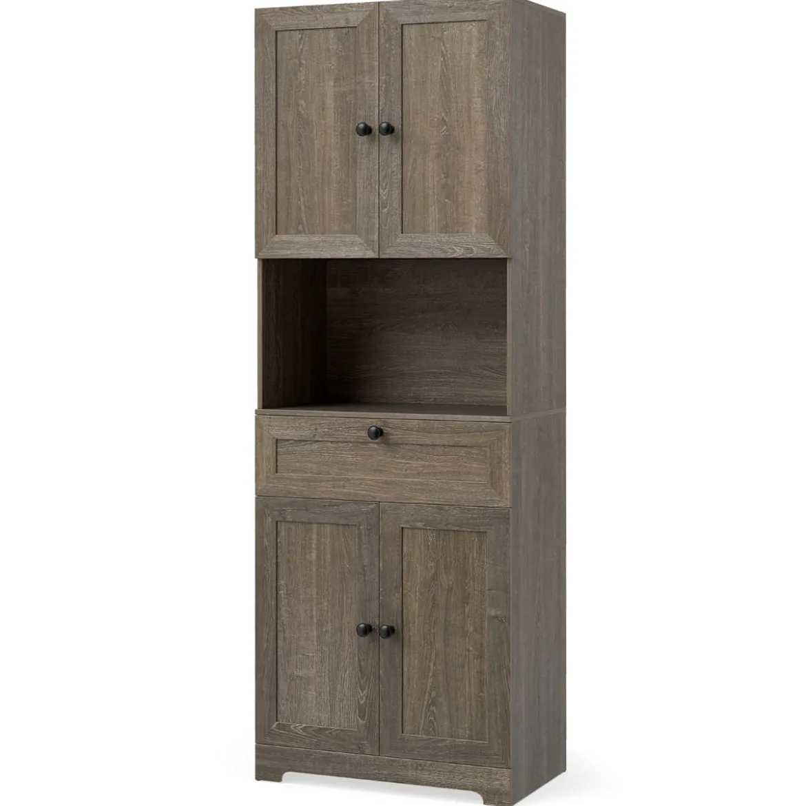 Hochschrank mit 4 Türen & 1 Schublade & Offenes Fach & 3-Fach Verstellbares Regal Grau