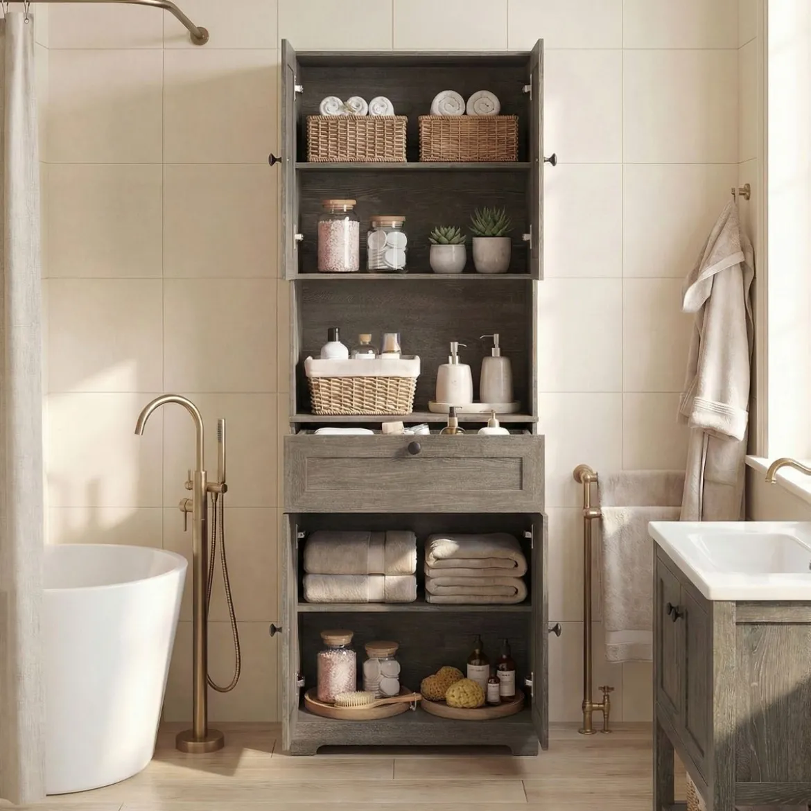Hochschrank mit 4 Türen & 1 Schublade & Offenes Fach & 3-Fach Verstellbares Regal Grau