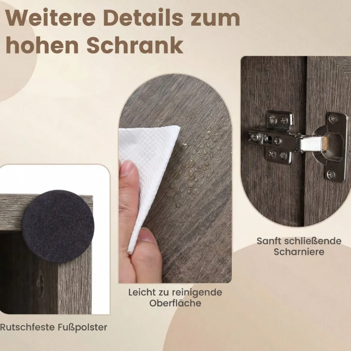 Hochschrank mit 4 Türen & 1 Schublade & Offenes Fach & 3-Fach Verstellbares Regal Grau