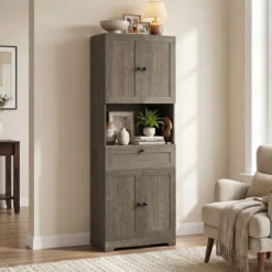 Hochschrank mit 4 Türen & 1 Schublade & Offenes Fach & 3-Fach Verstellbares Regal Grau