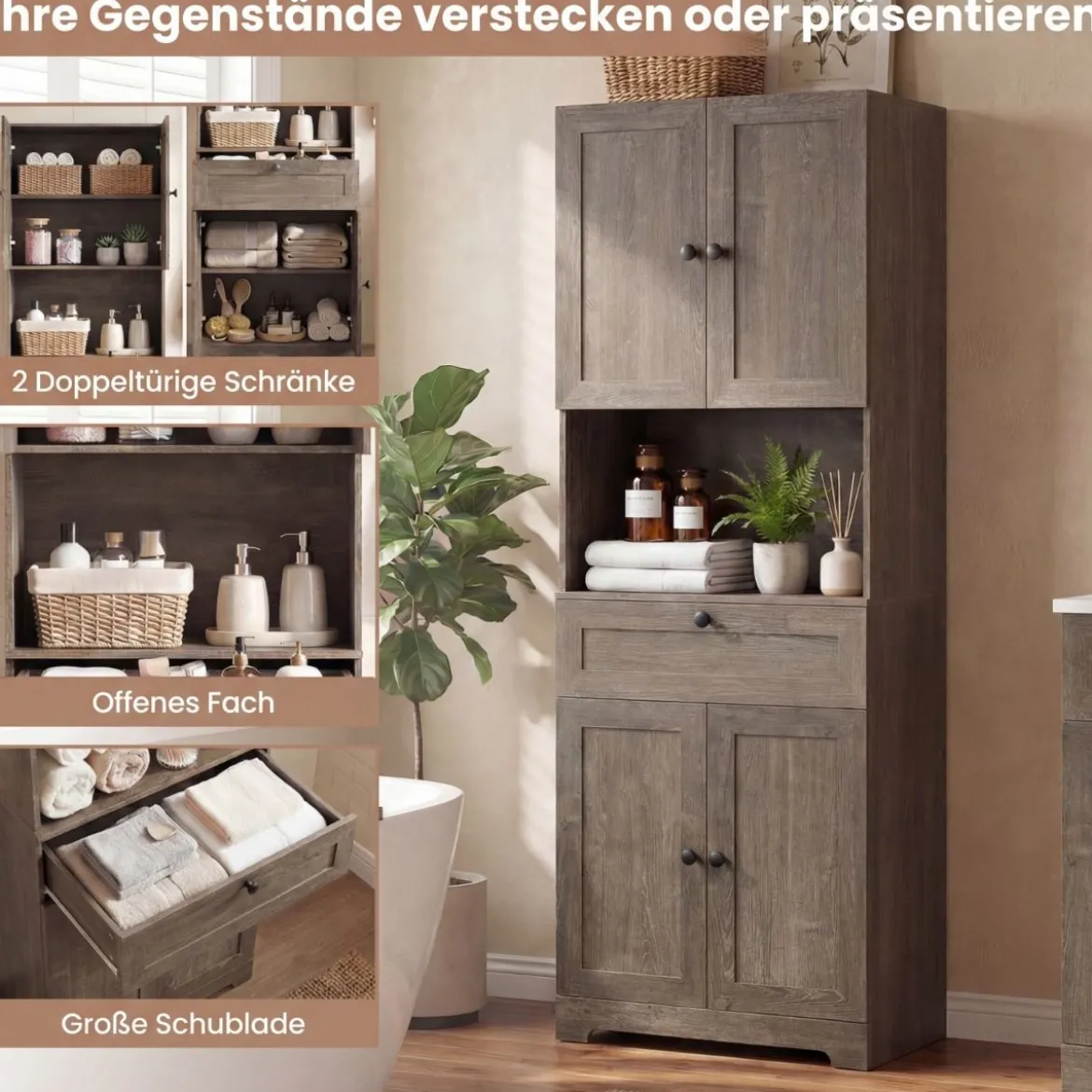 Hochschrank mit 4 Türen & 1 Schublade & Offenes Fach & 3-Fach Verstellbares Regal Grau