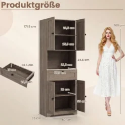 Hochschrank mit 4 Türen & 1 Schublade & Offenes Fach & 3-Fach Verstellbares Regal Grau