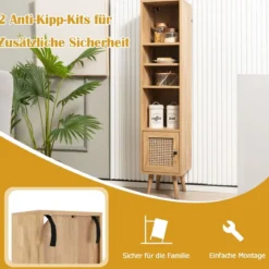 Hochschrank Rattan Bücherregal mit 4 Ablagen und Rattantür Kommode Boho Style