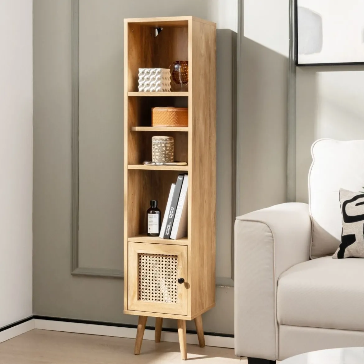 Hochschrank Rattan Bücherregal mit 4 Ablagen und Rattantür Kommode Boho Style