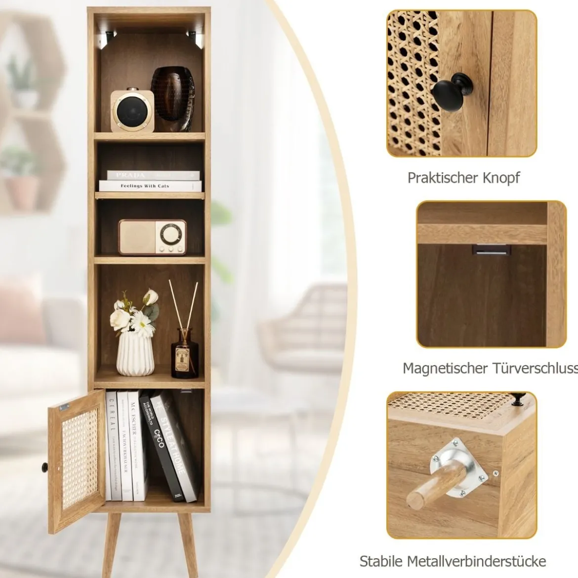 Hochschrank Rattan Bücherregal mit 4 Ablagen und Rattantür Kommode Boho Style