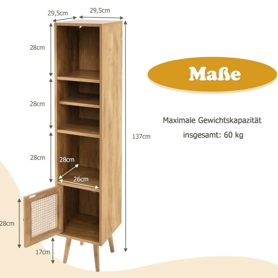 Hochschrank Rattan Bücherregal mit 4 Ablagen und Rattantür Kommode Boho Style