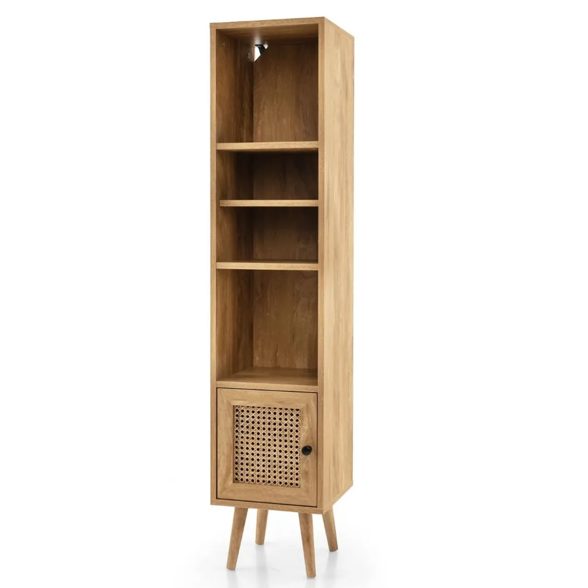 Hochschrank Rattan Bücherregal mit 4 Ablagen und Rattantür Kommode Boho Style