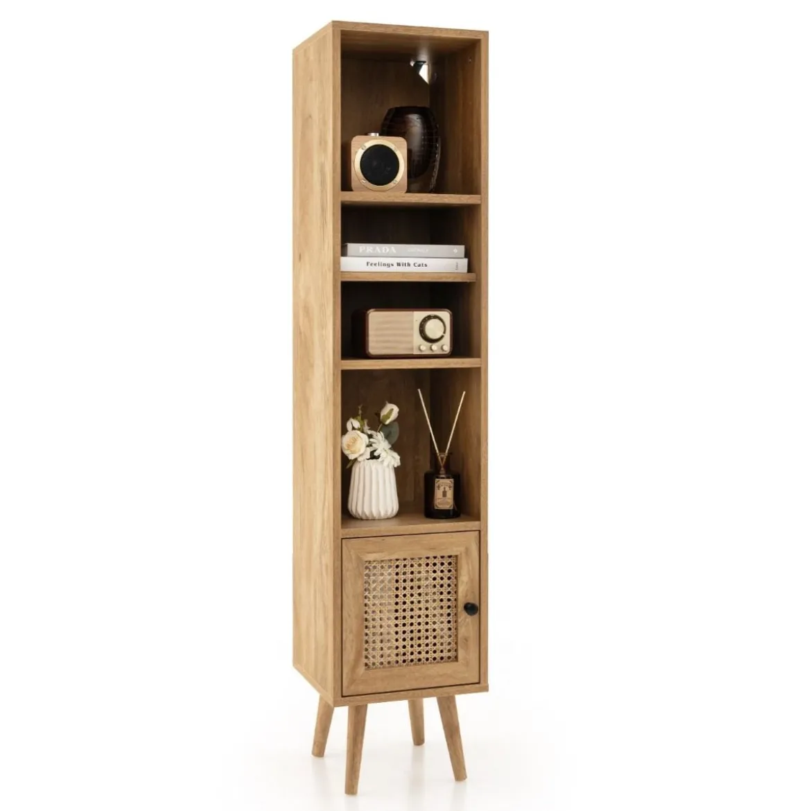 Hochschrank Rattan Bücherregal mit 4 Ablagen und Rattantür Kommode Boho Style