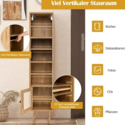 Hochschrank Rattan Bücherregal mit 4 Ablagen und Rattantür Kommode Boho Style