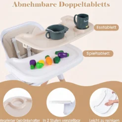 Hochstuhl Baby 4 in 1 Kinderhochstuhl Faltbar Verstellbar 71 x 58 x 93 cm mit Tablett Rosa/Grau/Beige