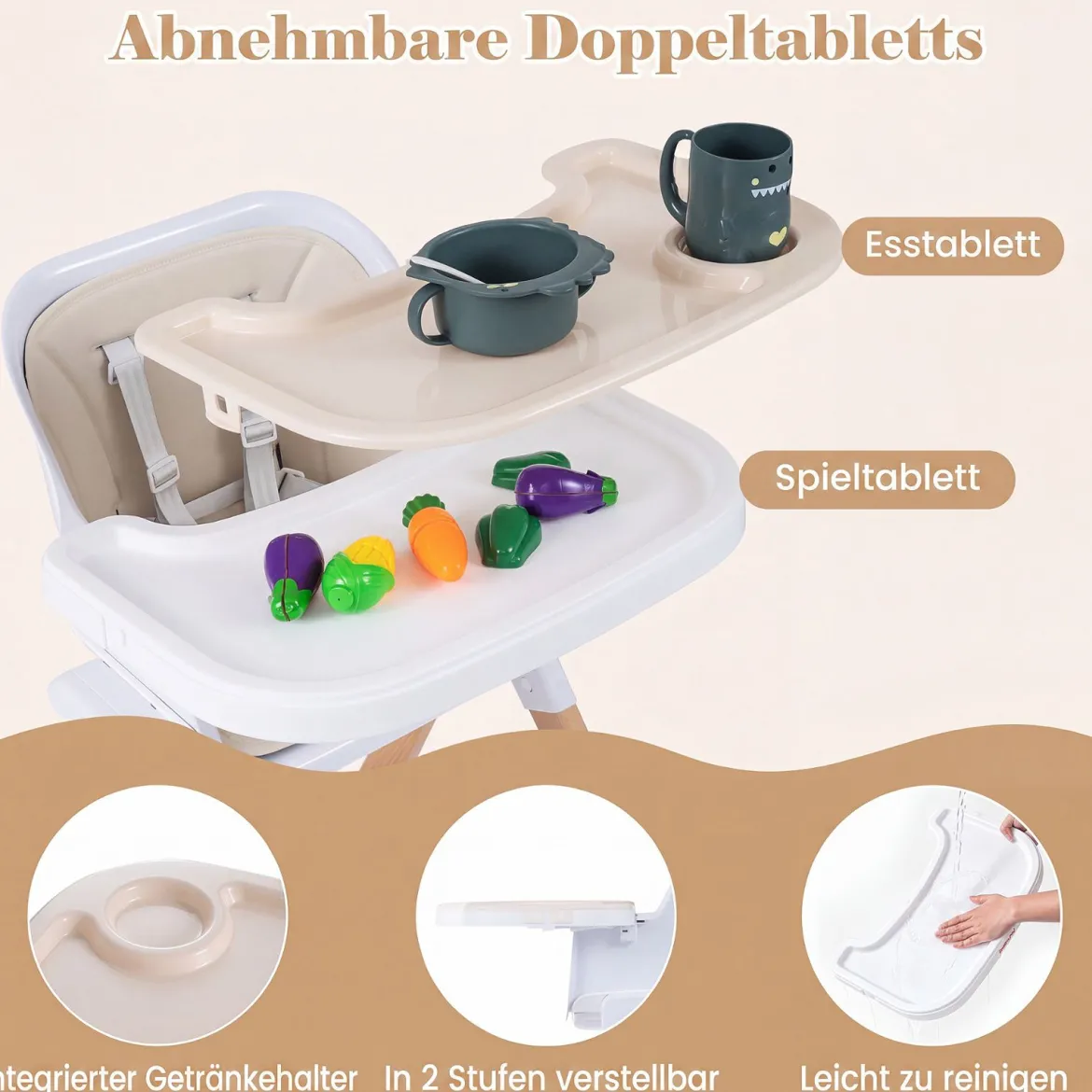 Hochstuhl Baby 4 in 1 Kinderhochstuhl Faltbar Verstellbar 71 x 58 x 93 cm mit Tablett Rosa/Grau/Beige