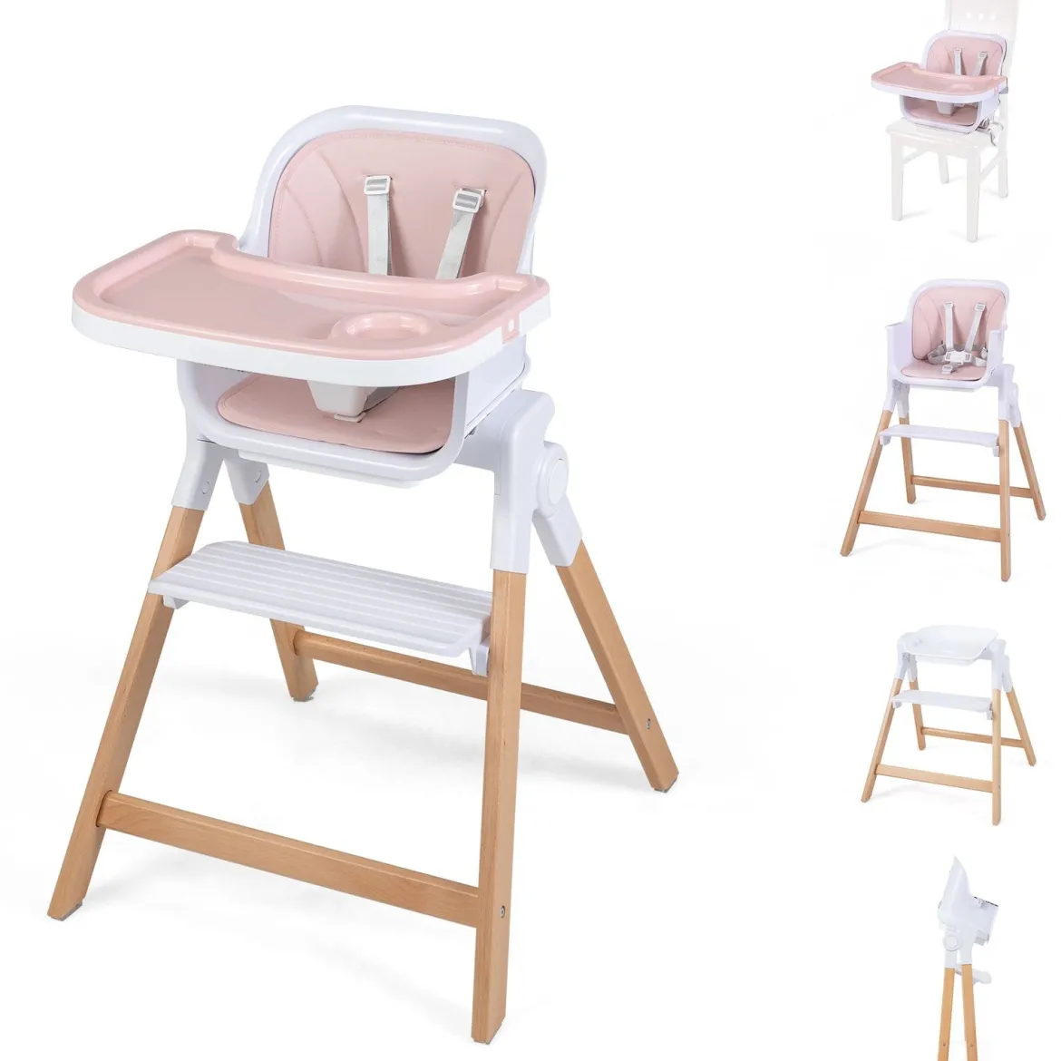 Hochstuhl Baby 4 in 1 Kinderhochstuhl Faltbar Verstellbar 71 x 58 x 93 cm mit Tablett Rosa/Grau/Beige