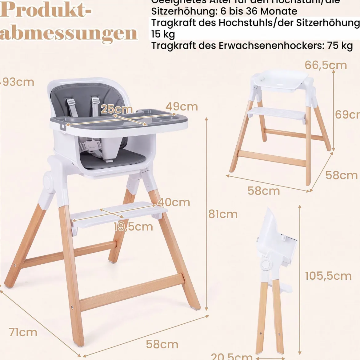 Hochstuhl Baby 4 in 1 Kinderhochstuhl Faltbar Verstellbar 71 x 58 x 93 cm mit Tablett Rosa/Grau/Beige
