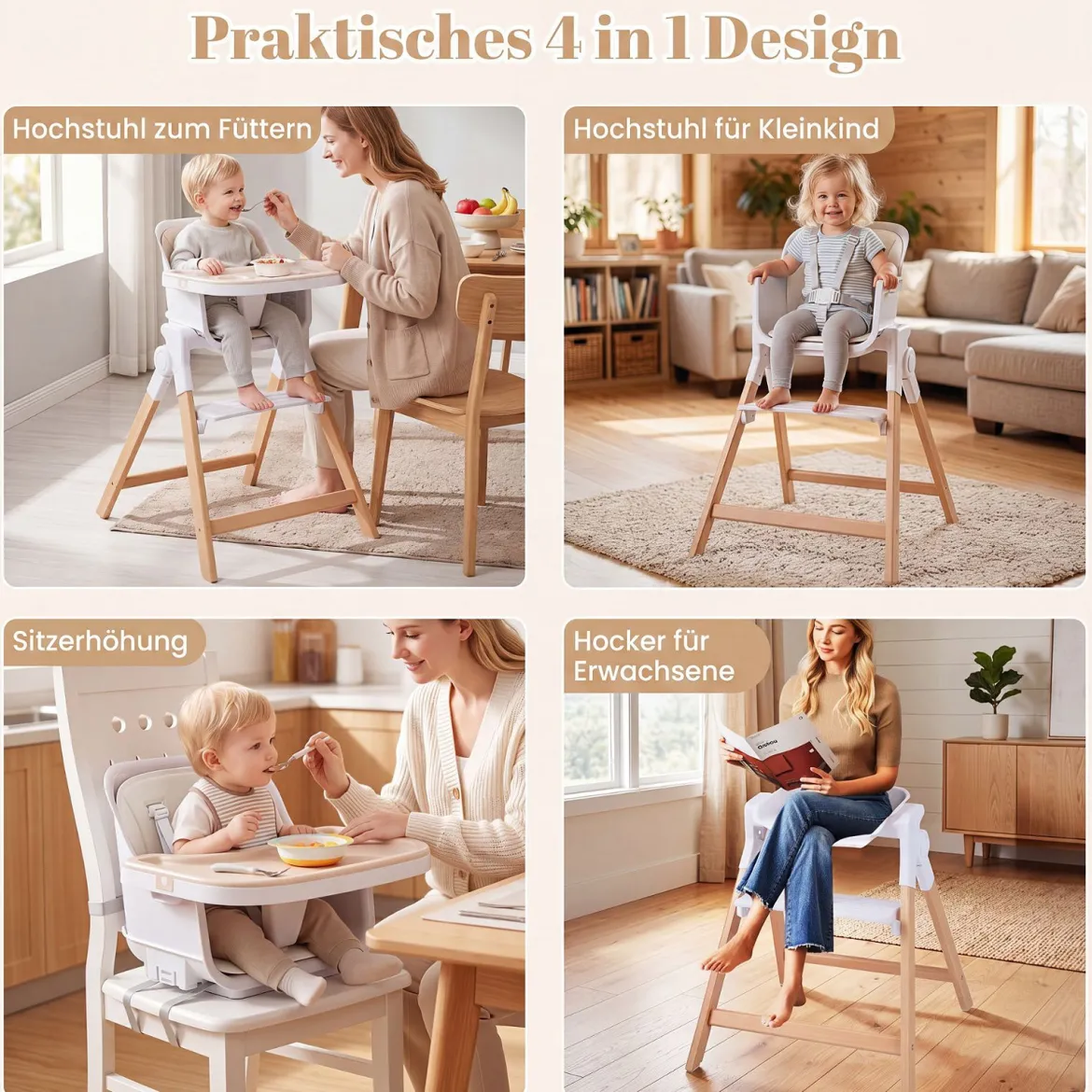 Hochstuhl Baby 4 in 1 Kinderhochstuhl Faltbar Verstellbar 71 x 58 x 93 cm mit Tablett Rosa/Grau/Beige