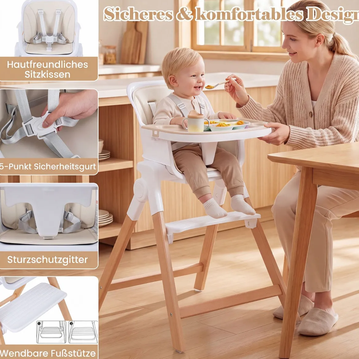 Hochstuhl Baby 4 in 1 Kinderhochstuhl Faltbar Verstellbar 71 x 58 x 93 cm mit Tablett Rosa/Grau/Beige