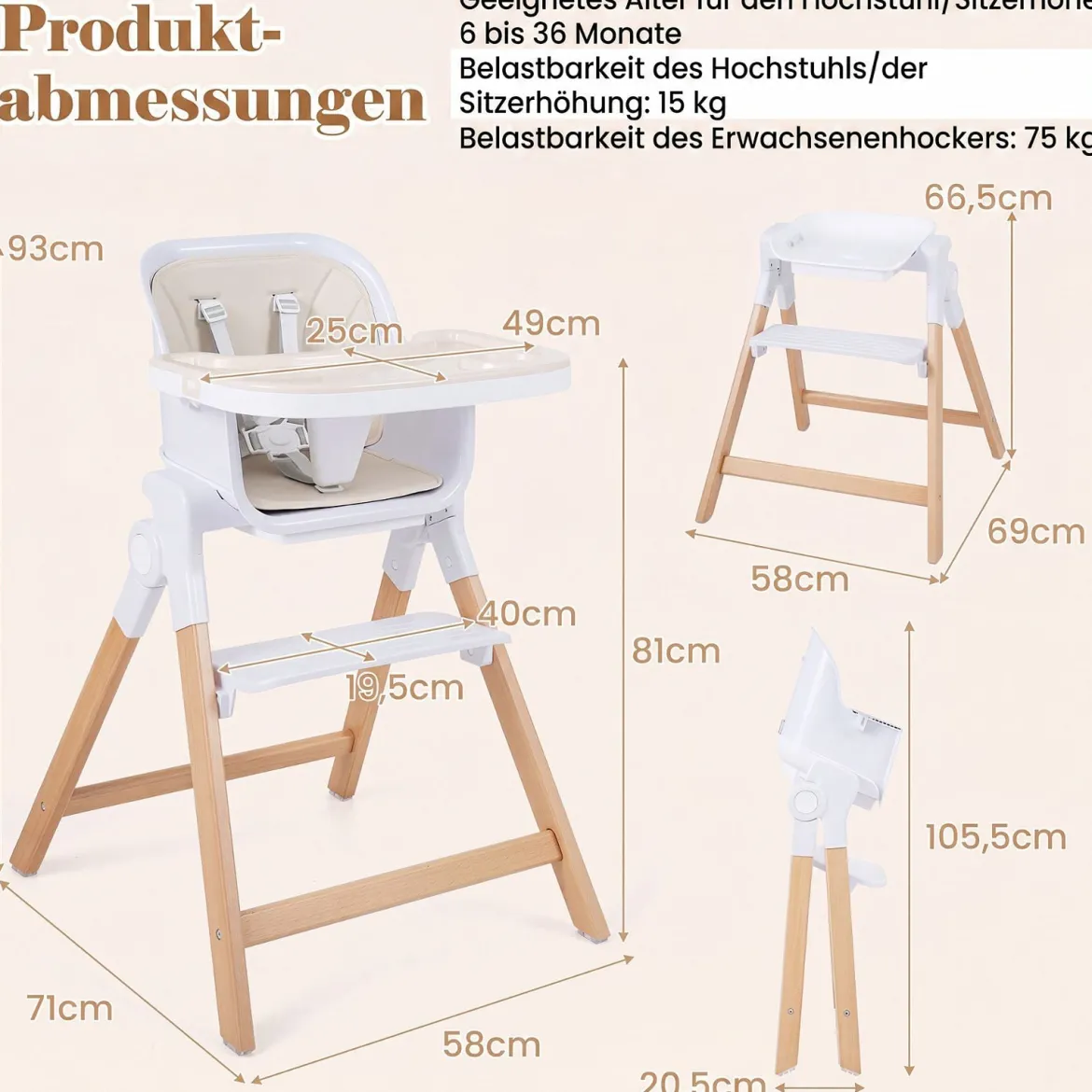 Hochstuhl Baby 4 in 1 Kinderhochstuhl Faltbar Verstellbar 71 x 58 x 93 cm mit Tablett Rosa/Grau/Beige