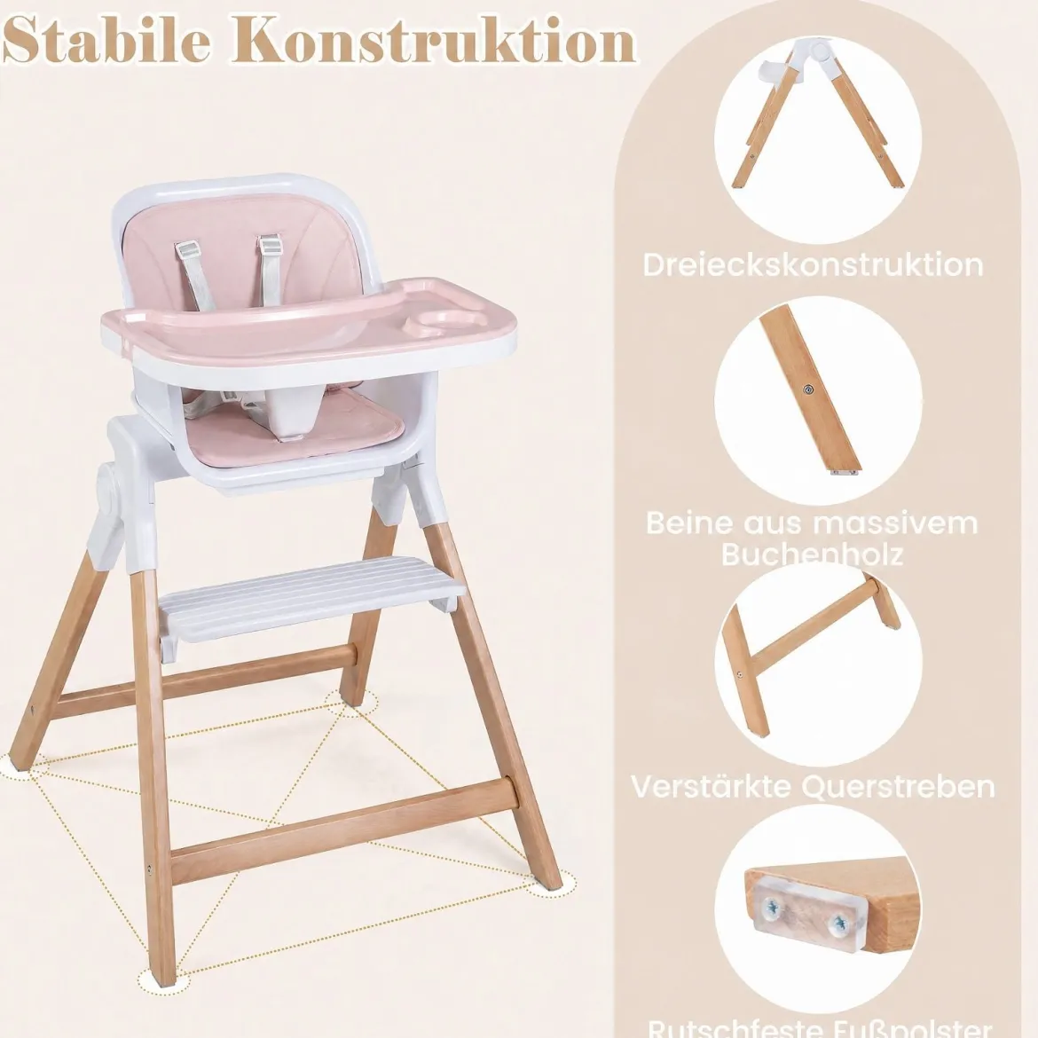 Hochstuhl Baby 4 in 1 Kinderhochstuhl Faltbar Verstellbar 71 x 58 x 93 cm mit Tablett Rosa/Grau/Beige