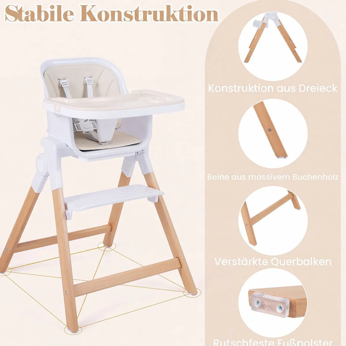 Hochstuhl Baby 4 in 1 Kinderhochstuhl Faltbar Verstellbar 71 x 58 x 93 cm mit Tablett Rosa/Grau/Beige