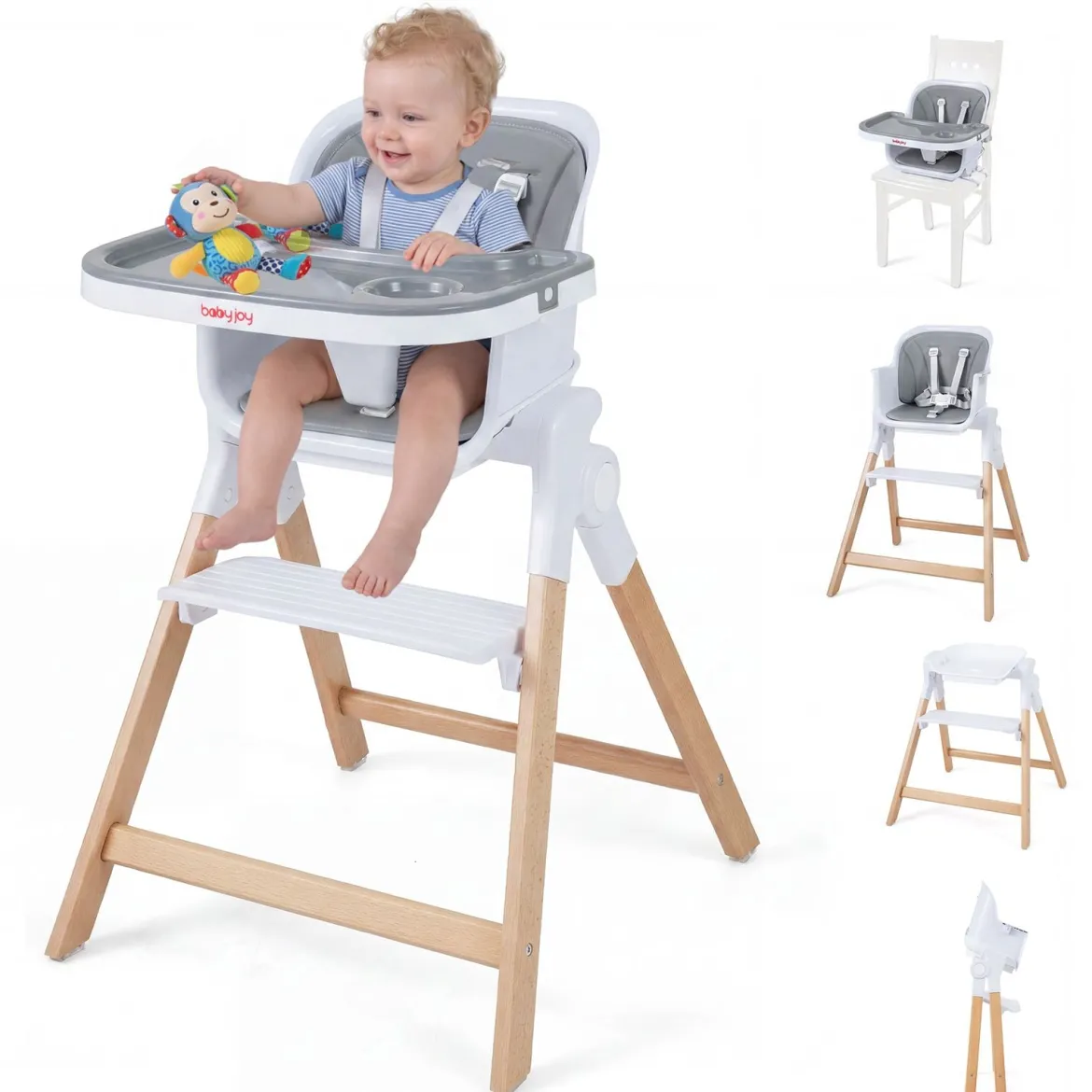 Hochstuhl Baby 4 in 1 Kinderhochstuhl Faltbar Verstellbar 71 x 58 x 93 cm mit Tablett Rosa/Grau/Beige