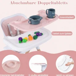 Hochstuhl Baby 4 in 1 Kinderhochstuhl Faltbar Verstellbar 71 x 58 x 93 cm mit Tablett Rosa/Grau/Beige