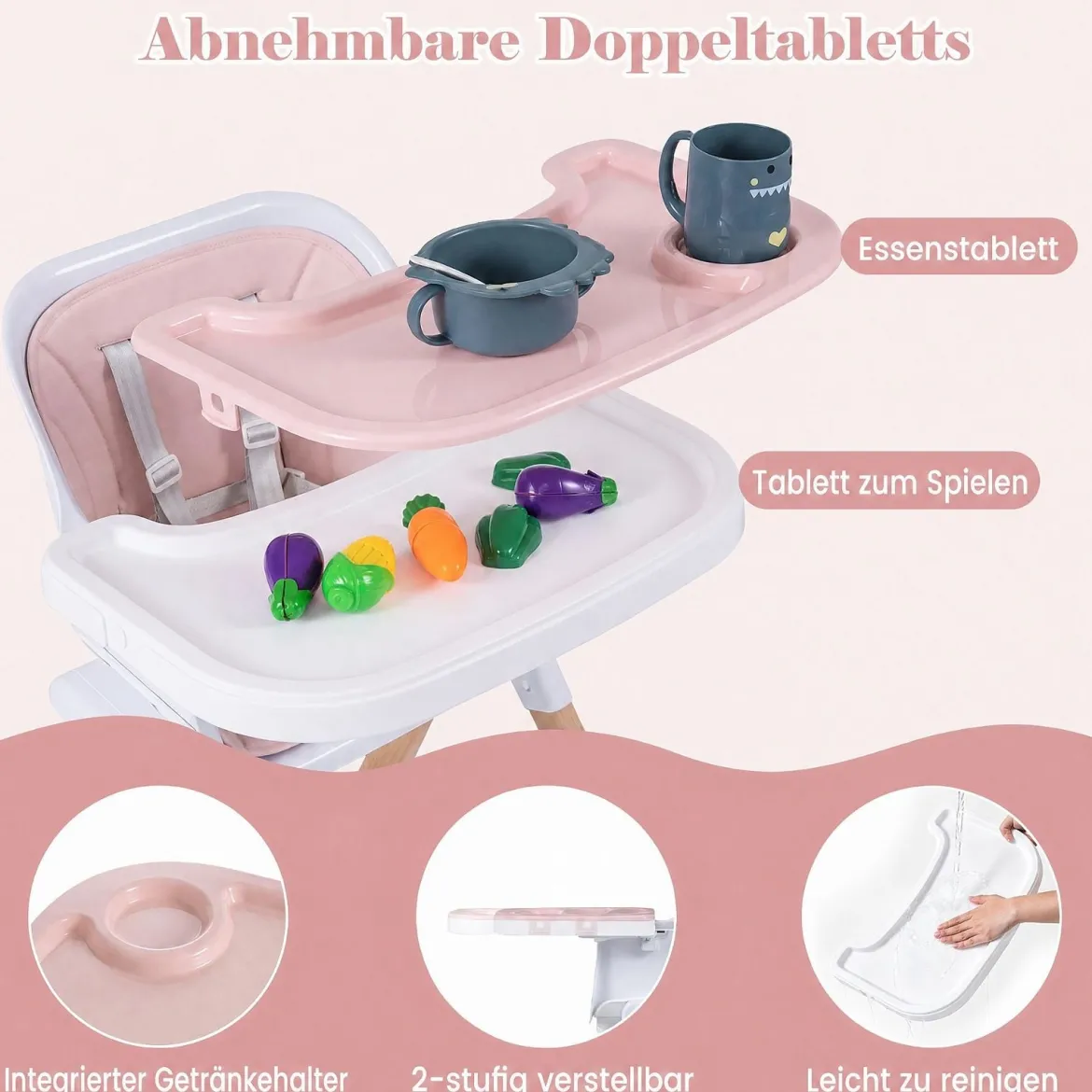 Hochstuhl Baby 4 in 1 Kinderhochstuhl Faltbar Verstellbar 71 x 58 x 93 cm mit Tablett Rosa/Grau/Beige