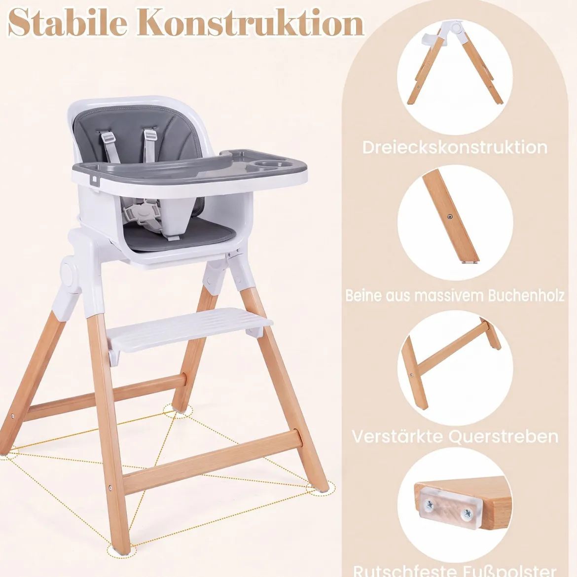 Hochstuhl Baby 4 in 1 Kinderhochstuhl Faltbar Verstellbar 71 x 58 x 93 cm mit Tablett Rosa/Grau/Beige
