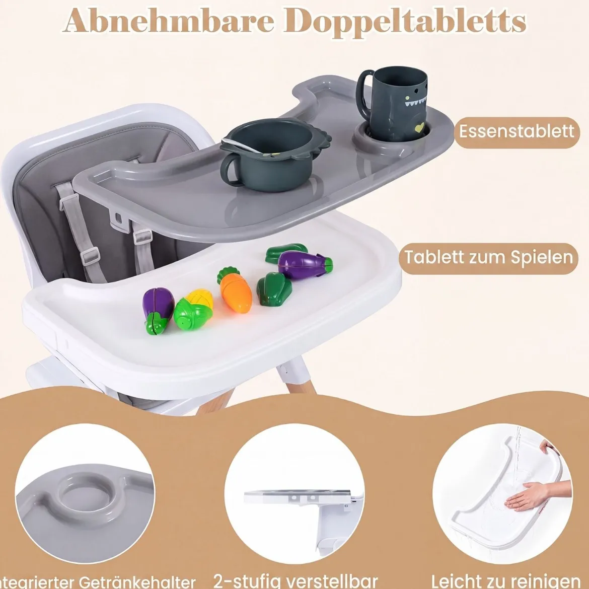 Hochstuhl Baby 4 in 1 Kinderhochstuhl Faltbar Verstellbar 71 x 58 x 93 cm mit Tablett Rosa/Grau/Beige