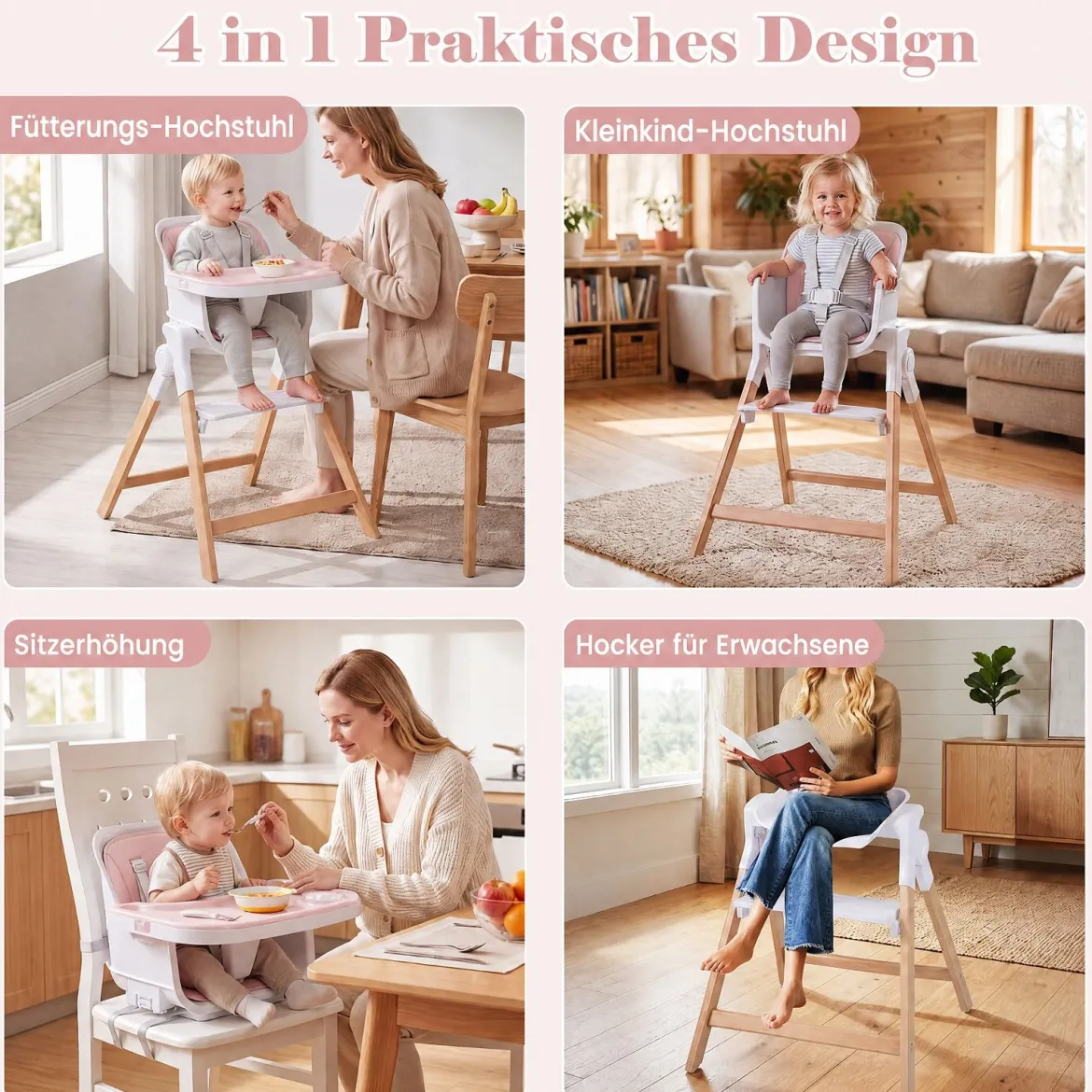 Hochstuhl Baby 4 in 1 Kinderhochstuhl Faltbar Verstellbar 71 x 58 x 93 cm mit Tablett Rosa/Grau/Beige