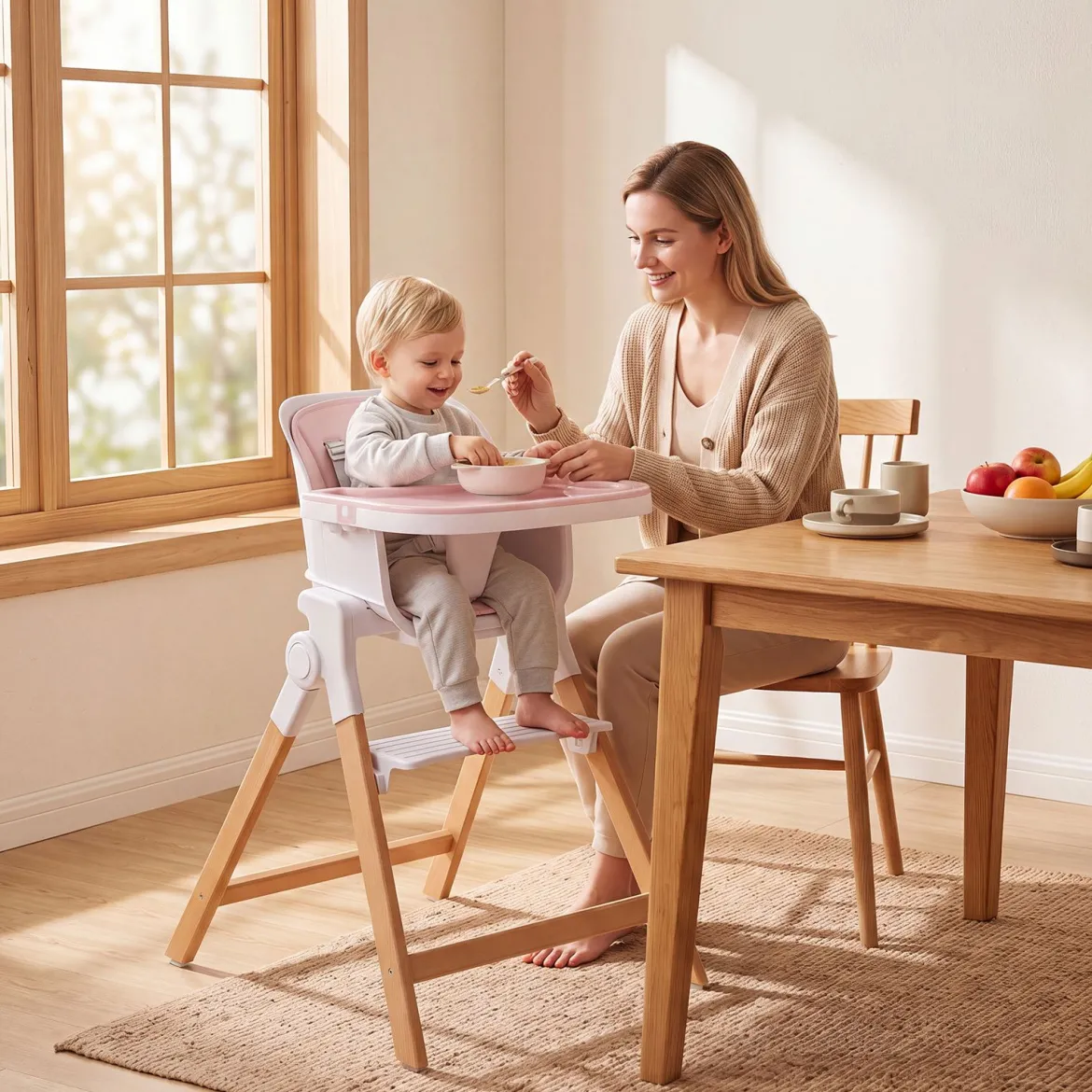 Hochstuhl Baby 4 in 1 Kinderhochstuhl Faltbar Verstellbar 71 x 58 x 93 cm mit Tablett Rosa/Grau/Beige