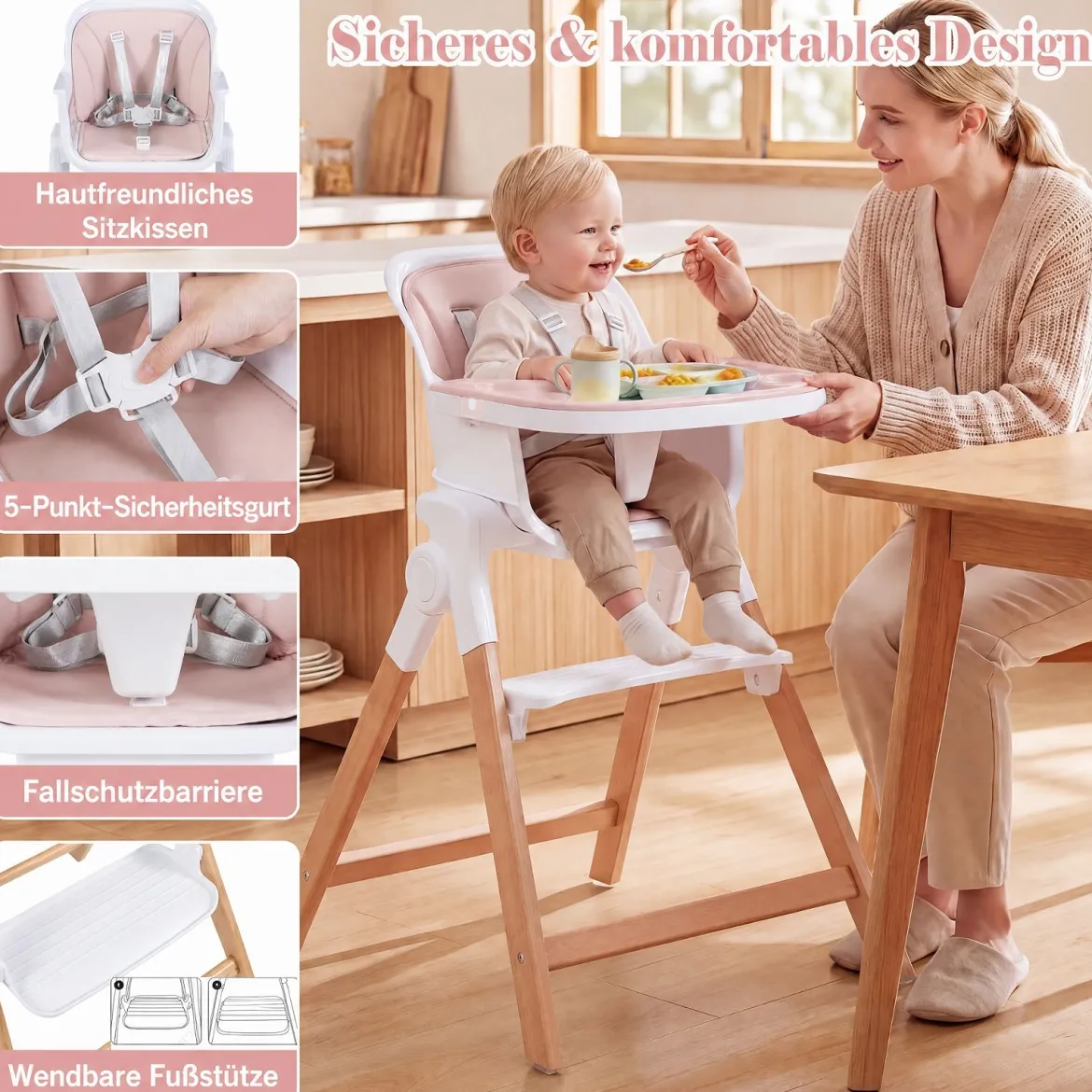 Hochstuhl Baby 4 in 1 Kinderhochstuhl Faltbar Verstellbar 71 x 58 x 93 cm mit Tablett Rosa/Grau/Beige