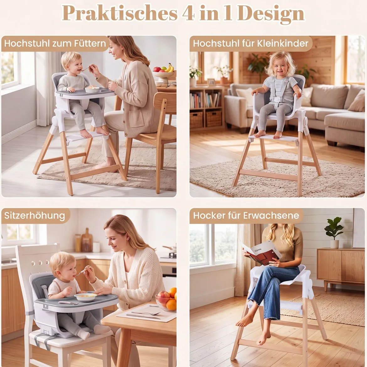 Hochstuhl Baby 4 in 1 Kinderhochstuhl Faltbar Verstellbar 71 x 58 x 93 cm mit Tablett Rosa/Grau/Beige